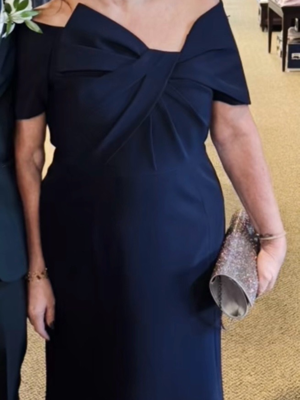 Off-Shoulder Navy Bow-Detail Formal Gown. Perfect for Mother of the Bride.